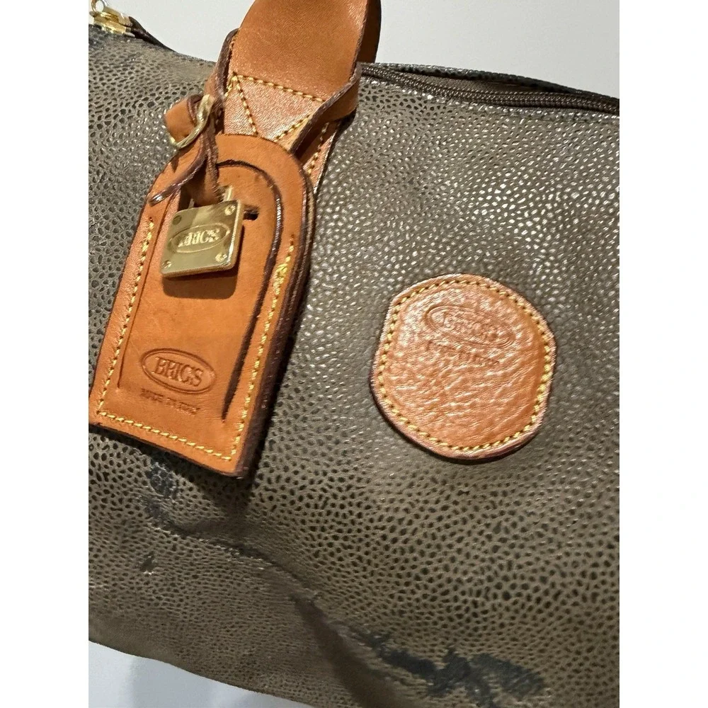 BRIC'S ITALY pebbled Resistant Life Cargo Duffle TRAVEL Bag‎ Cognac Trim 14x9x7